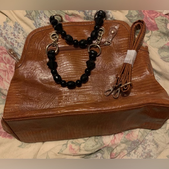 Brown Crocodile Handbag with Black Moissanite Beads Faceted-cut Handle Bag NWOT - Picture 5 of 6
